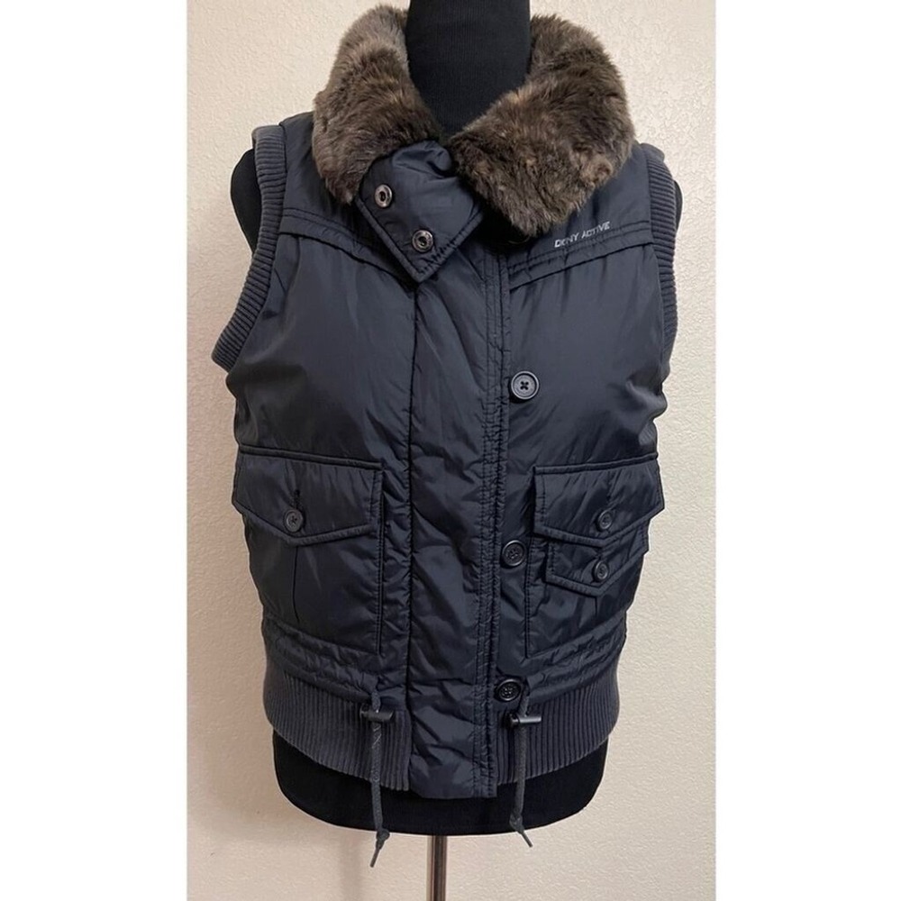 DKNY Active Womens Black Quilted Puffer Vest Faux Fur Collar Medium